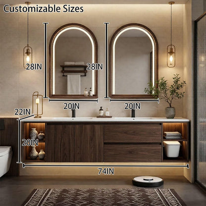 60"-96"Dark Walnut Floating Bathroom Vanity with LED Arched Mirrors & Open Shelves