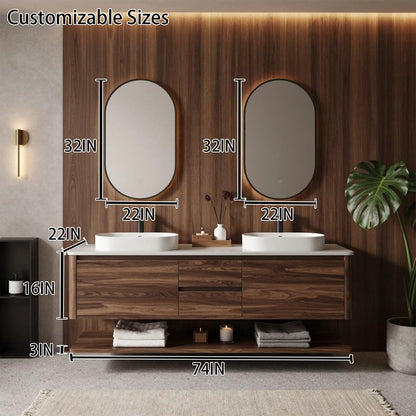 60"-96"Modern Wood Wall-Mounted Bathroom Vanity Set with Open Shelf & MirrorsModern Wood Wall-Mounted Bathroom Vanity Set with Open Shelf & Mirrors