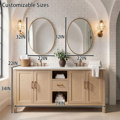 60"-96"Light Oak Bathroom Vanity with Double Sinks & Gold Framed Oval Mirrors
