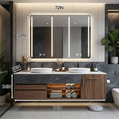 60”-96”Modern Floating Bathroom Vanity with Marble Top, LED Open Shelf & Smart Mirror