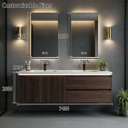 60"-96"Dark Walnut Floating Bathroom Vanity with Fluted Doors & LED Mirrors