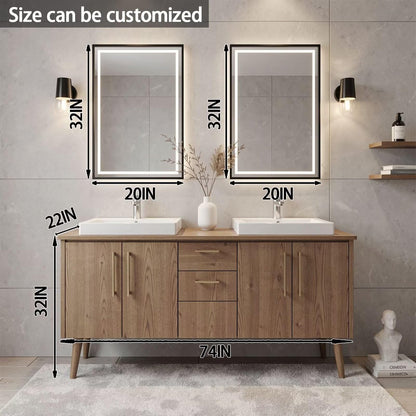 60”-96” Double Sink Freestanding Vanity with LED Mirrors, Natural Wood Cabinet & Gold Hardware
