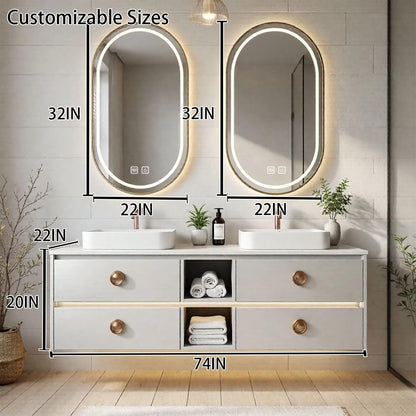 60"-96"White Floating Bathroom Vanity with Double Vessel Sinks & LED Oval Mirrors