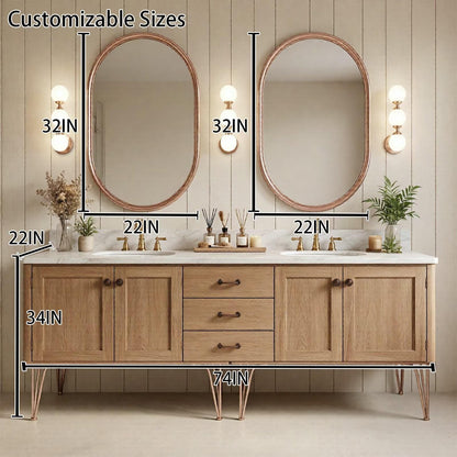 60"-96"Light Oak Double Sink Bathroom Vanity with Marble Top & Rose Gold Legs