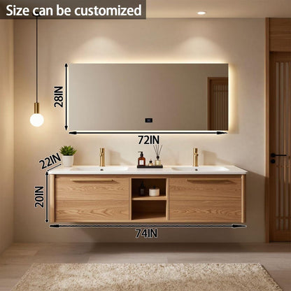 60“-84“Floating Oak Bathroom Vanity with Double Sinks, LED Mirror & Storage