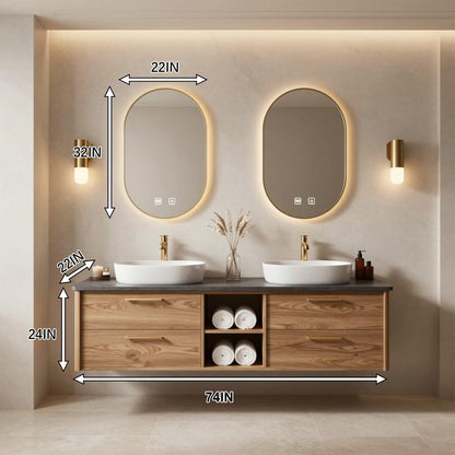 60”-96” Light Oak Floating Bathroom Vanity with Double Sinks & LED Oval Mirrors