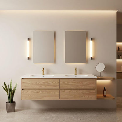 60"-96"Floating Oak Double Bathroom Vanity with White Top & Side Open Shelves