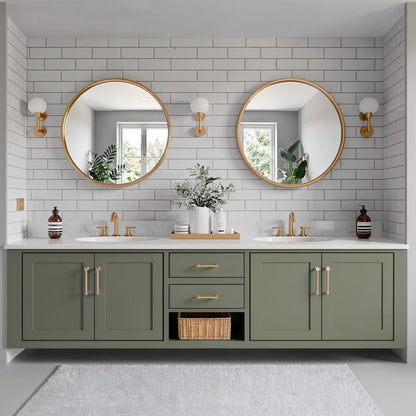 60"-96"Contemporary Sage Green Vanity with Gold Trim, Drawers & Open Shelf