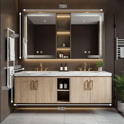60"-96"Modern Light Wood Floating Vanity with Double Sinks & LED Lighted Mirror Cabinet
