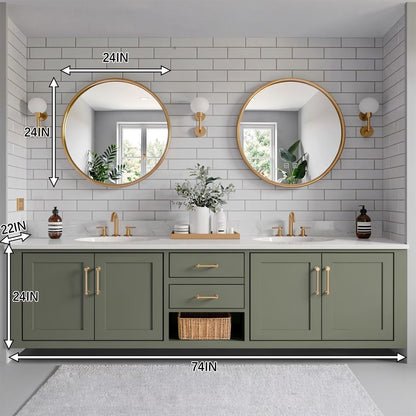 60"-96"Contemporary Sage Green Vanity with Gold Trim, Drawers & Open Shelf