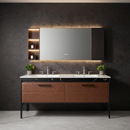 60"-96" Modern Bathroom Vanity with Double Sink, Leather Finish & LED Mirror