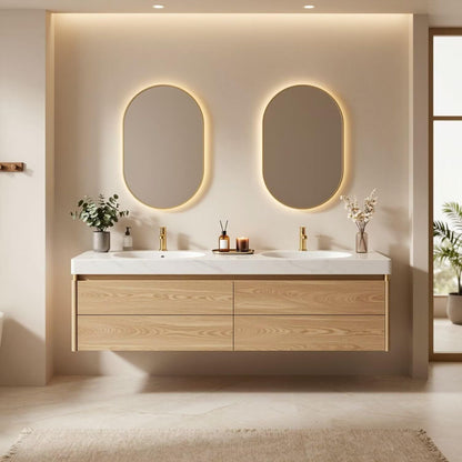 60"-84"Light Oak Floating Bathroom Vanity with Double Sinks & LED Oval Mirrors