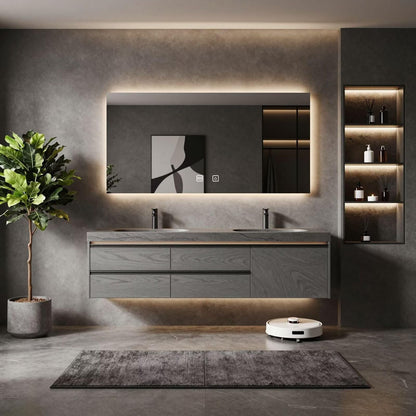 60”-84”Double Sink Floating Bathroom Vanity with LED Backlit Mirror, Gray Wood Cabinet
