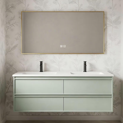 60”-84”Double Sink Floating Bathroom Vanity, Sage Green Cabinet with Gold Framed LED Mirror