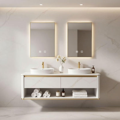 60"-84"Wall Mounted Bathroom Vanity with Double Sinks & Open Towel Shelf