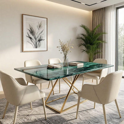60"-80"Luxury Green Marble Dining Table, Rectangular Table with Sleek Gold Metal Legs