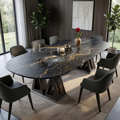60"-80"Oval Black & Gold Marble Dining Table Set with 8 Chairs, Modern Luxury for Dining Room