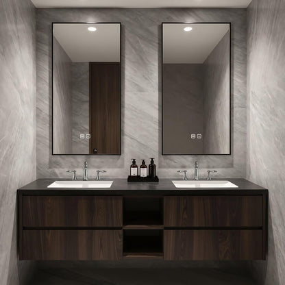 60”-84”Double Sink Floating Bathroom Vanity, Dark Walnut Cabinet with Open Shelf & LED Mirrors