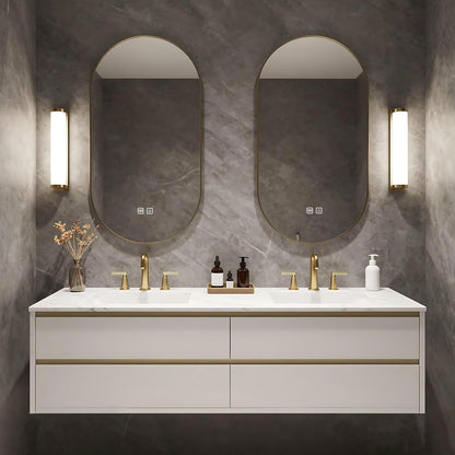 60”-84”Double Sink Floating Bathroom Vanity, White & Gold Cabinet with Arch LED Mirrors