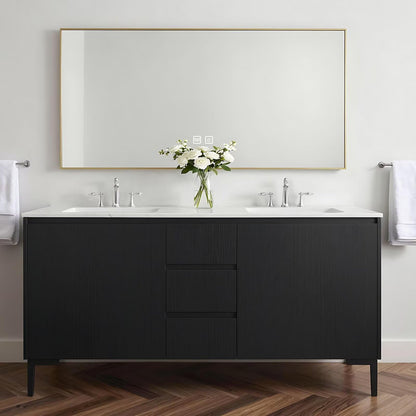 60”-84”Double Sink Bathroom Vanity with Gold Frame Mirror, Freestanding Black Wood Vanity with Storage Drawers & Doors, Modern Bathroom Cabinet