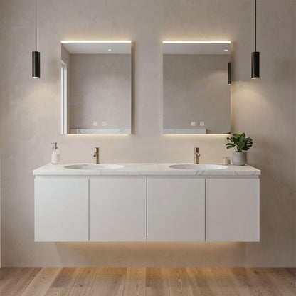 60”-96”Modern White Wall-Mounted Vanity with Double Sinks, Marble Top & LED Lighting
