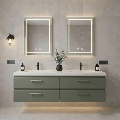 60”-84”Double Sink Floating Bathroom Vanity with LED Mirrors, Sage Green Cabinet & Silver Hardware