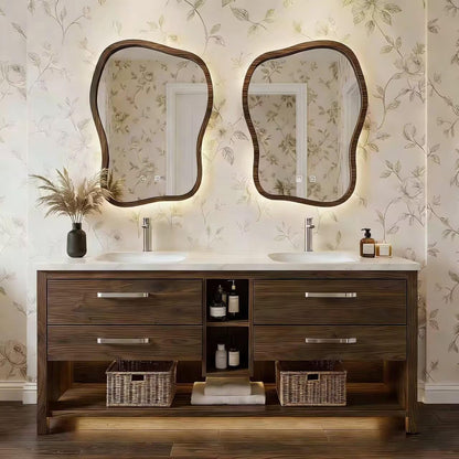 60”-96” Dark Wood Bathroom Vanity with Double Sinks & Irregular LED Mirrors