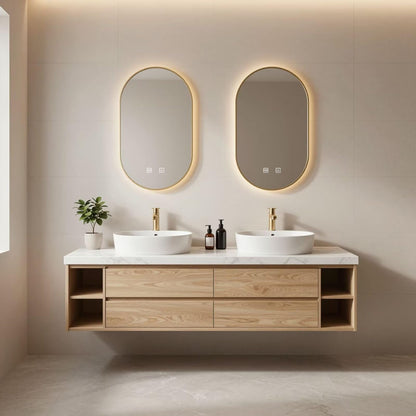 60”-84”Double Vanity, White Floating Cabinet with Gold Trim Oval LED Mirrors