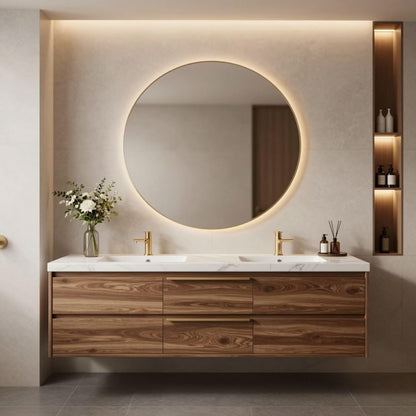 60"-84"Light Wood Wall-Mounted Vanity with White Marble Top & Gold Hardware Handles