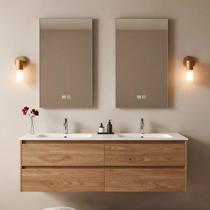 60”-84”Double Sink Floating Bathroom Vanity with 2 LED Mirrors, Light Oak Wall Mounted Vanity with White Top