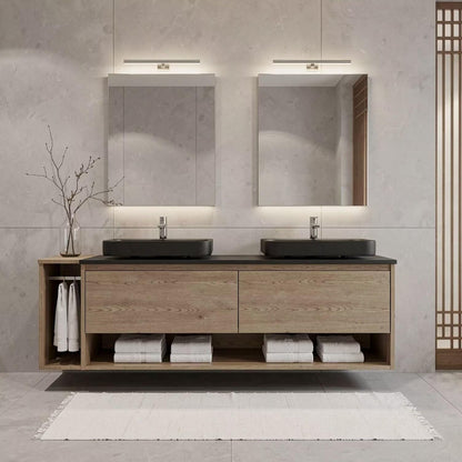 60"-96"Modern Oak Floating Bathroom Vanity with Double Black Vessel Sinks & Open Shelves