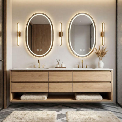 60"-84"Modern Light Wood Bathroom Vanity with Storage Drawers & Dual Smart LED Mirrors