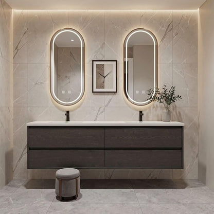 60”-84”Double Sink Floating Bathroom Vanity with Oval LED Mirrors, Dark Gray Wood Cabinet
