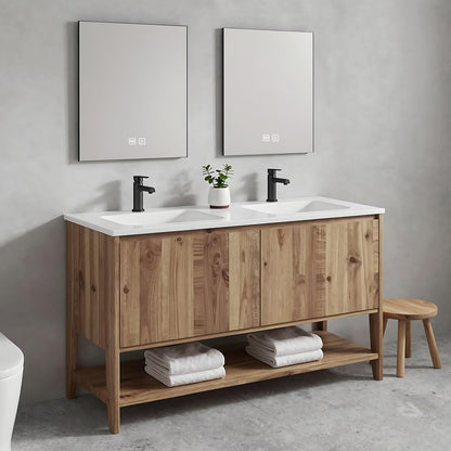 60”-84”Double Sink Freestanding Bathroom Vanity, Solid Teak Cabinet with Open Shelf & LED Mirrors