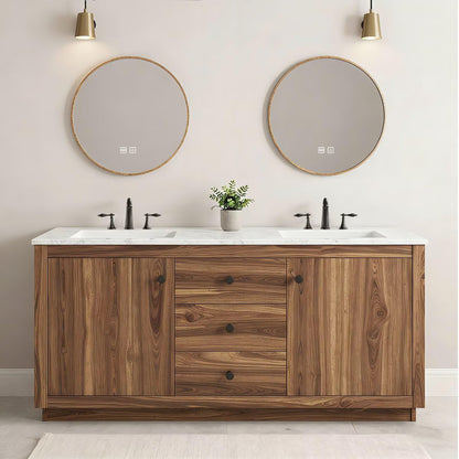 60”-84”Double Sink Freestanding Bathroom Vanity, Solid Walnut Cabinet with Round LED Mirrors