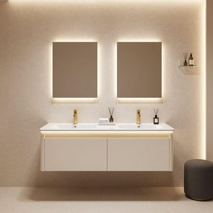 60"-84"Cream Floating Bathroom Vanity with Double Sinks & LED Backlit Mirrors
