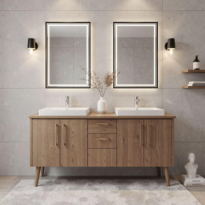60”-96” Double Sink Freestanding Vanity with LED Mirrors, Natural Wood Cabinet & Gold Hardware