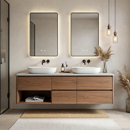 60"-84"Modern Floating Walnut Bathroom Vanity with Stone Top & Open Shelf