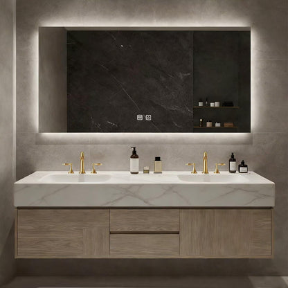 60”-84”Double Sink Floating Bathroom Vanity with LED Backlit Mirror, Wall Mounted Light Oak Vanity with White Marble Top