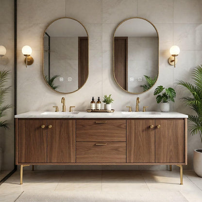 64"-84"Modern Walnut Bathroom Vanity Set with Marble Top & Gold Legs