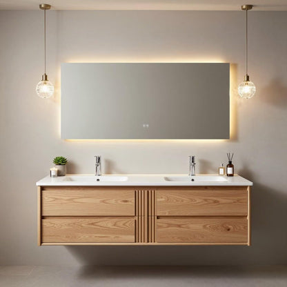 60"-96"Modern Oak Floating Bathroom Vanity with Double Sinks & LED Backlit Mirror