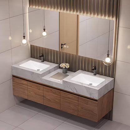 60”-84”Double Floating Vanity, Marble Top with Walnut Wood Cabinet & LED Strip