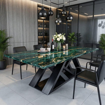 56"-96"Luxury Green Marble Dining Table, Contemporary Rectangular Table with X-Shaped Metal Legs