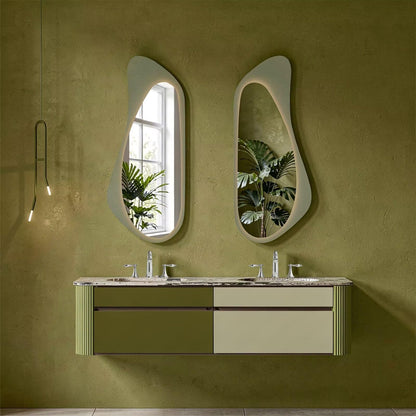 60"-96"Modern Wall-Mounted Bathroom Vanity with Marble Top & Fluted Side Panels