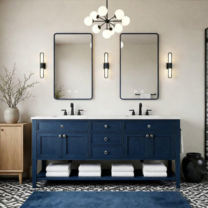 64"-96"Navy Blue Freestanding Bathroom Vanity with Double Sinks & White Marble Top