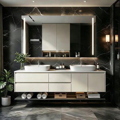 60”-84”Double Sink Floating Bathroom Vanity with LED Mirror Cabinet, Off-White Modern Cabinet