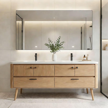 60"-84"Freestanding Oak Bathroom Vanity with Double Sinks & LED Mirror