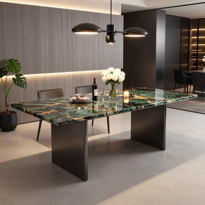 56"-96"Luxury Green Gold Marble Dining Table, Modern Rectangular Kitchen Table with Black Metal Base