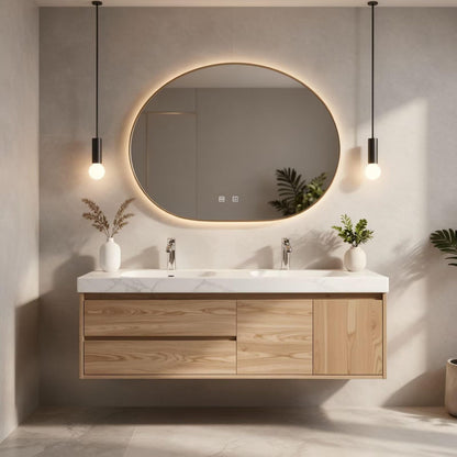 60”-84”Double Sink Floating Bathroom Vanity with Round LED Mirror, Light Oak Wood Cabinet
