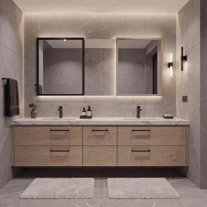 60”-96”Natural Wood Bathroom Vanity with Double Sinks & 6 Drawer Storage